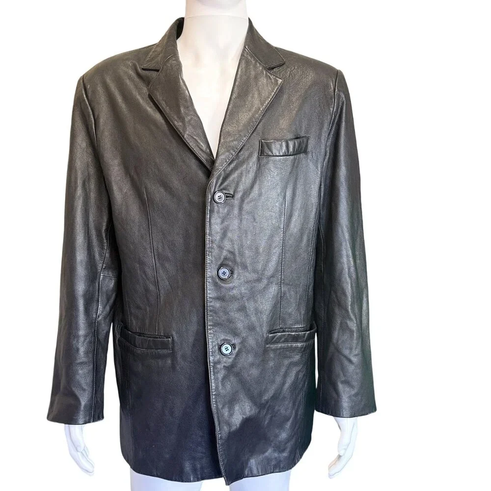 R&R Casuals Leather Blazer Men’s Size XL Black Genuine Leather 3-Button Jacket